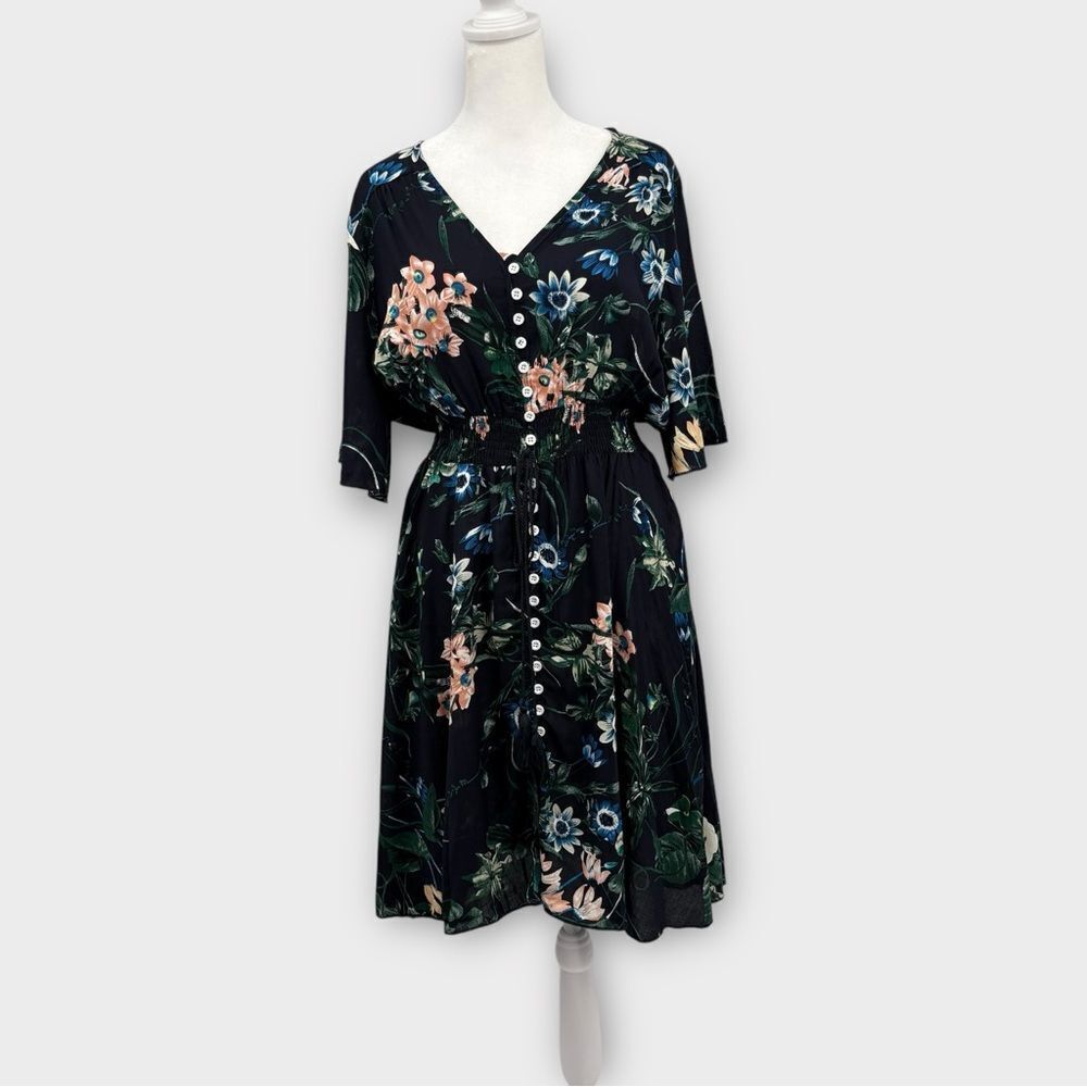 Amazon Button Front V-Neck Dress in Blue Floral Print Women’s Size L